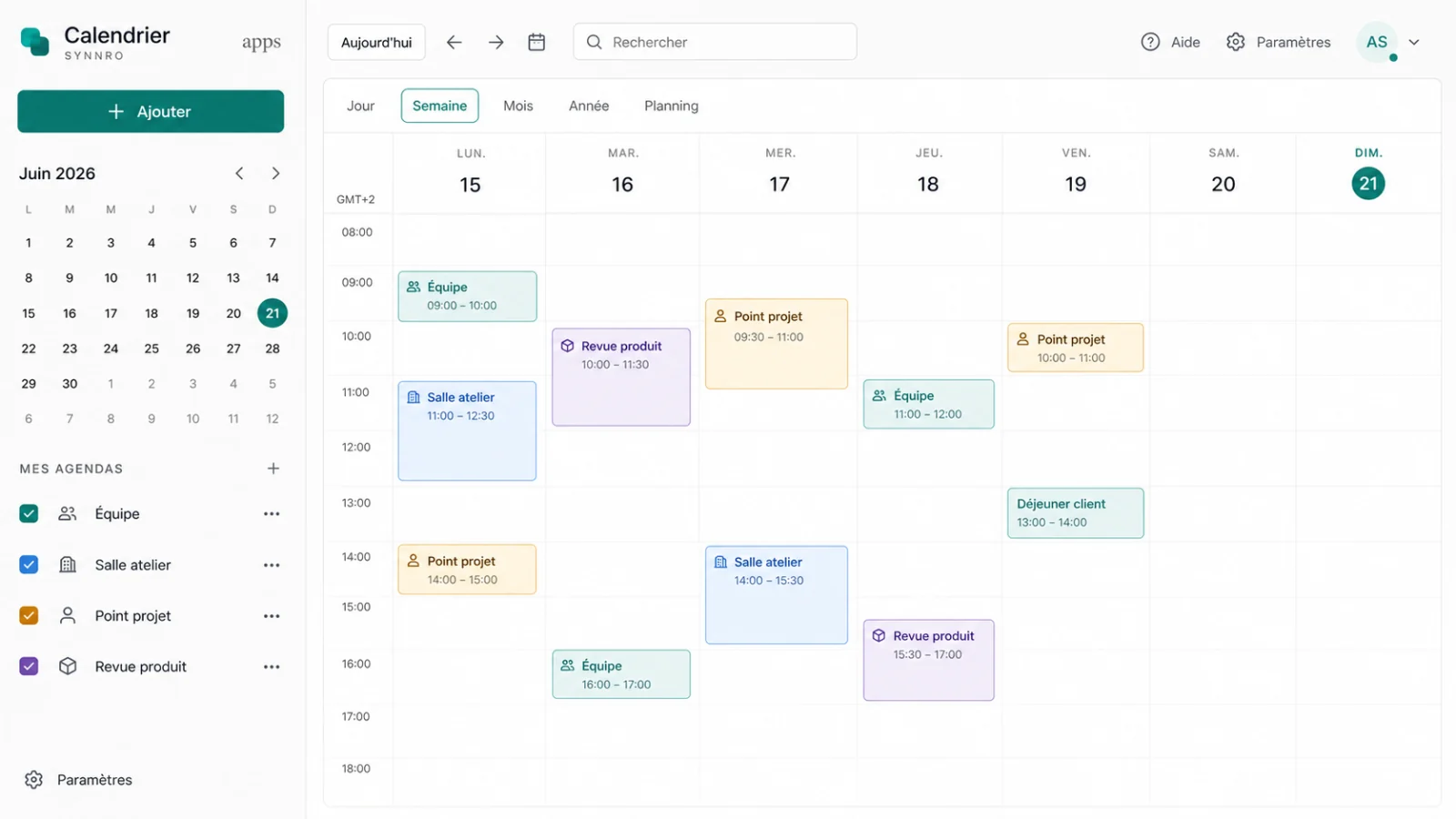 Aperçu illustré de l’application Calendrier : vue semaine et mini calendrier mensuel