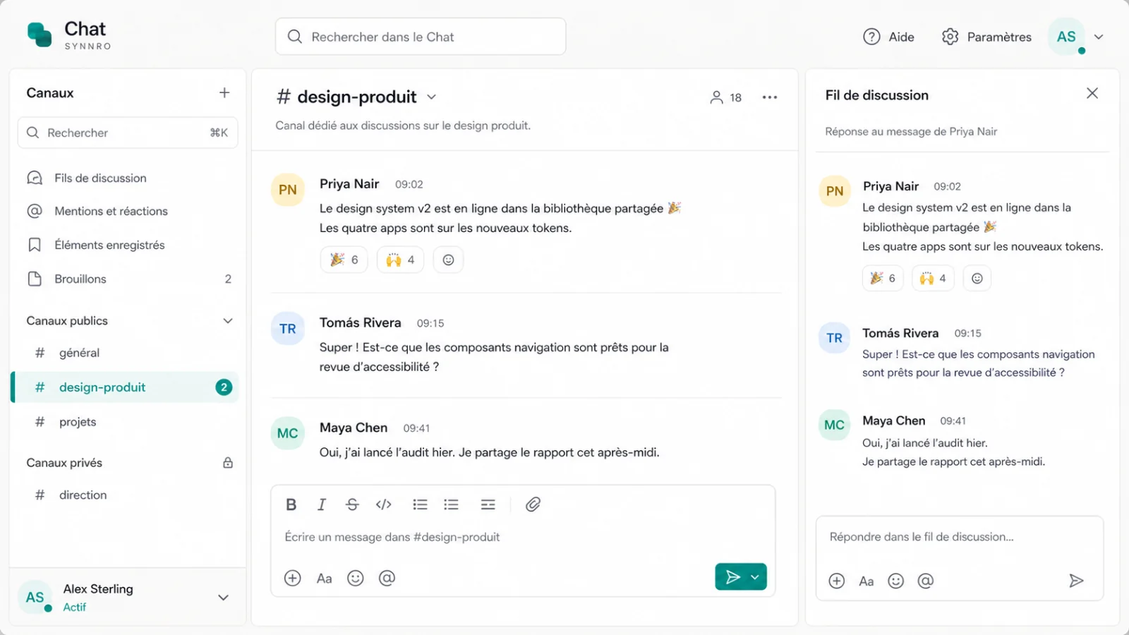Aperçu illustré de l’application Chat : liste des canaux et fil de discussion