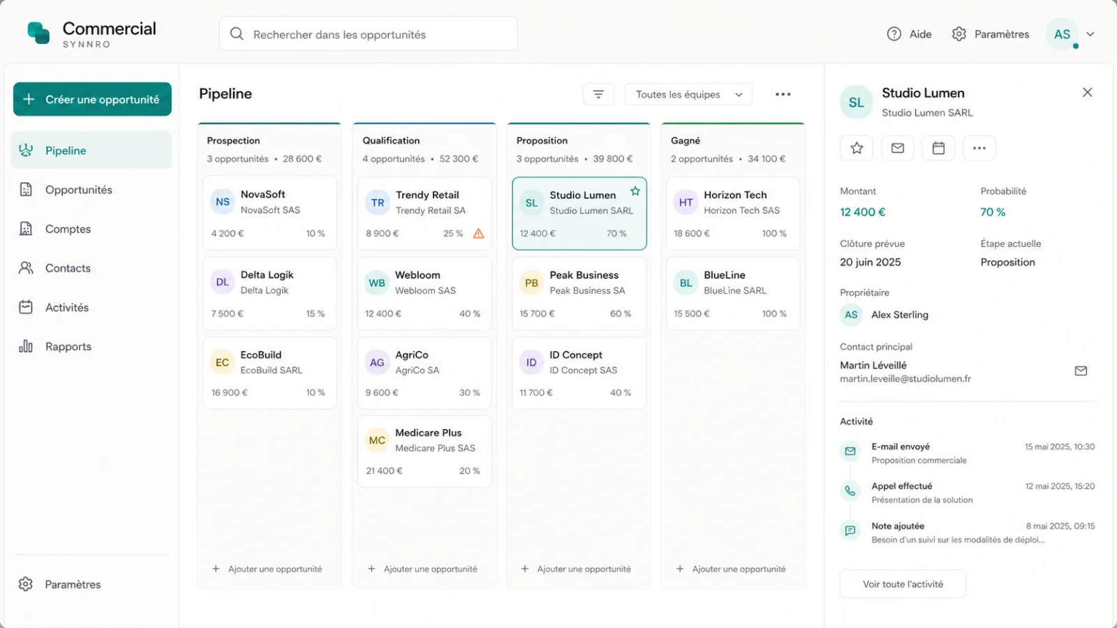 Aperçu illustré de l’application Commercial : pipeline d’opportunités et fiche détaillée