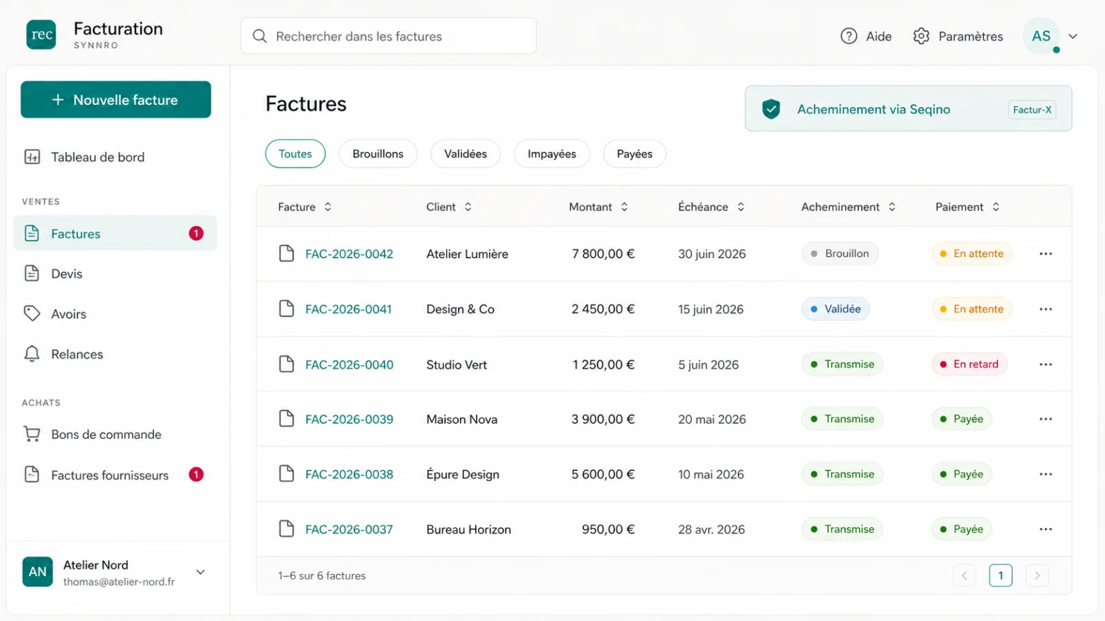 Aperçu illustré de l’application Facturation : liste des factures et leur statut d’acheminement