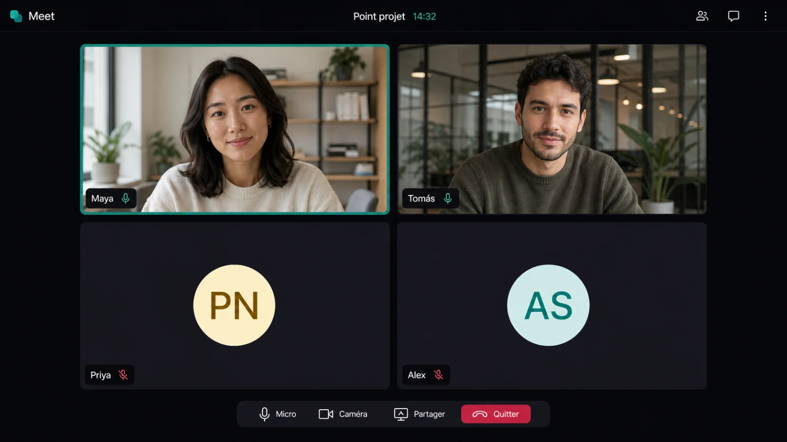 Aperçu illustré de l’application Meet : grille des participants et barre de contrôles