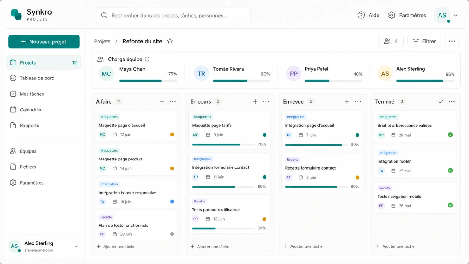 Aperçu illustré de l’application Projets : tableau kanban et charge par personne