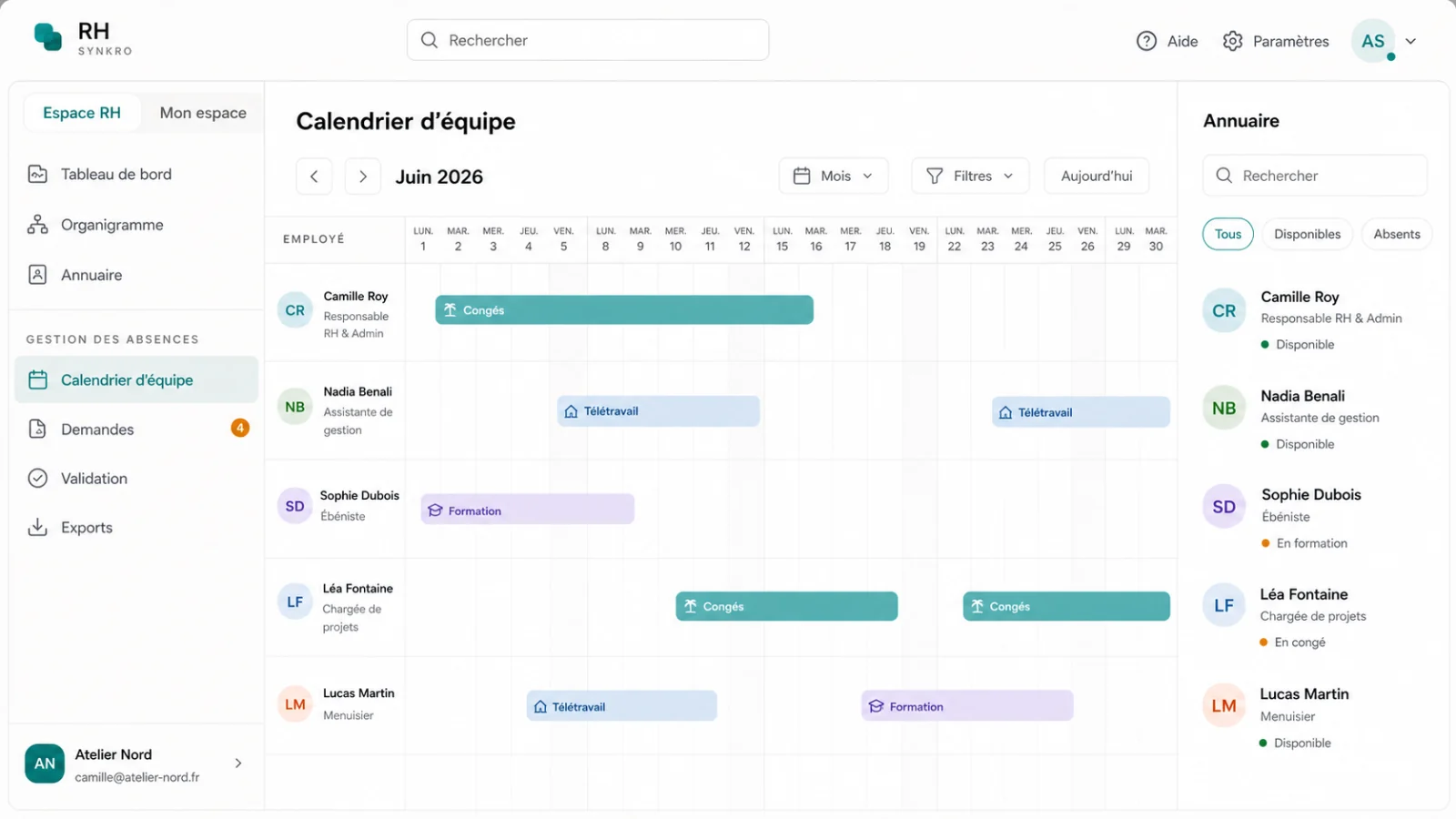 Aperçu illustré de l’application RH : calendrier des absences et annuaire du personnel